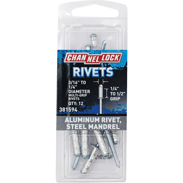 Channellock 3/16 In. to 1/4 In. Dia. x 0.251 In. to 0.500 In. Grip Aluminum Multigrip POP Rivet (12-Pack)