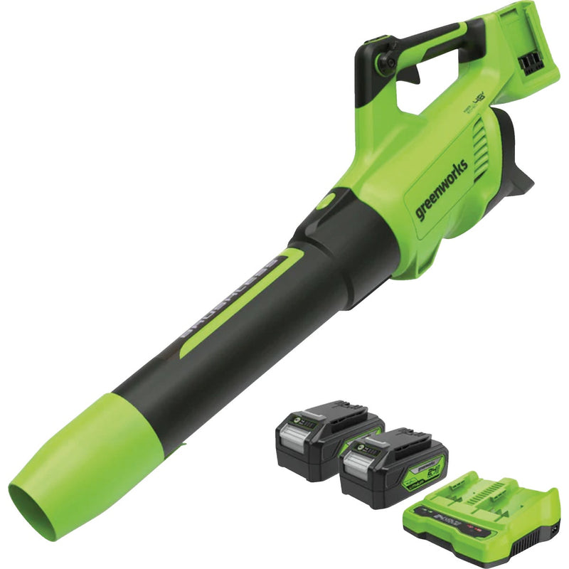Greenworks 24V (2 x 24V) 585 CFM 140 MPH Axial Leaf Blower with (2) 4.0 Ah Batteries & Charger