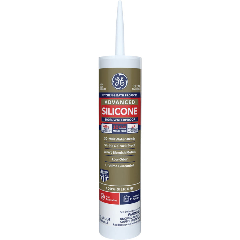 GE Advanced Silicone Kitchen & Bath Sealant, Clear, 10.1 Oz. Cartridge