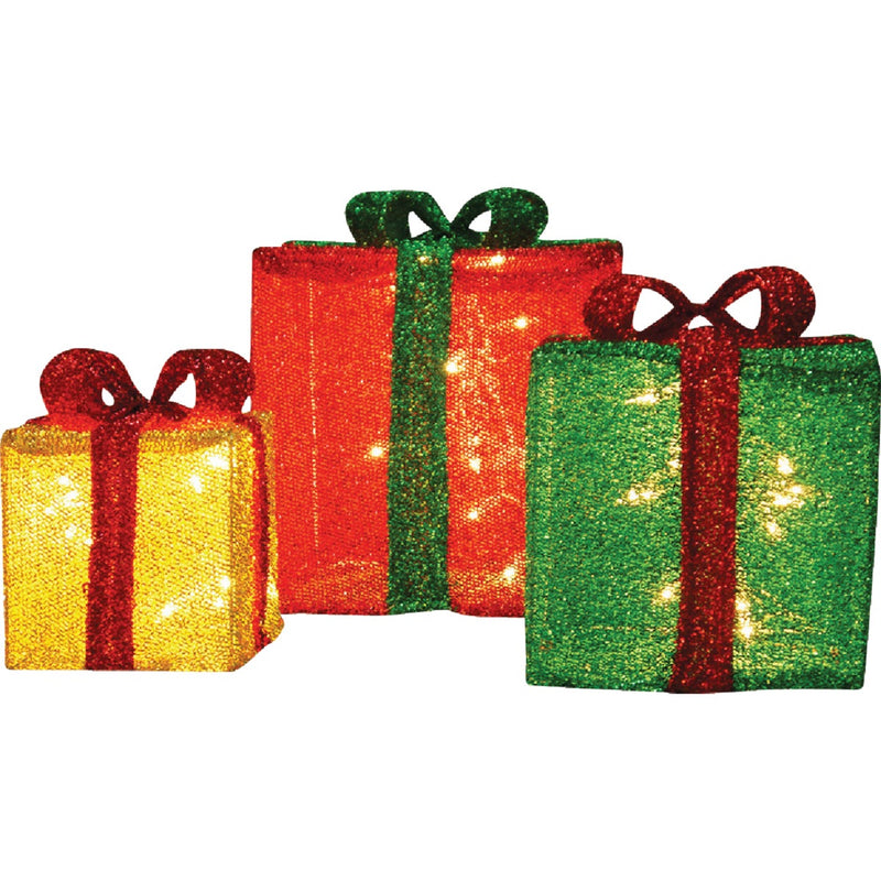 Candy Cane Lane 12 In./10 In./8 In. Incandescent 3D Tinsel Presents Holiday Yard Art