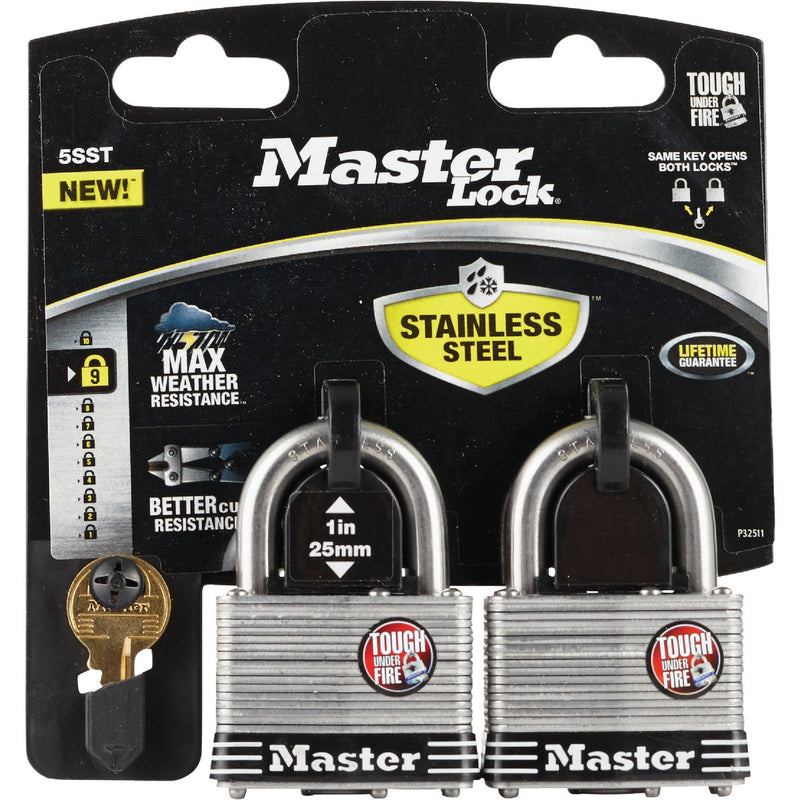 Master Lock 2 In. Laminated Stainless Steel Keyed Padlock with 1 In. Shackle (2-Pack)