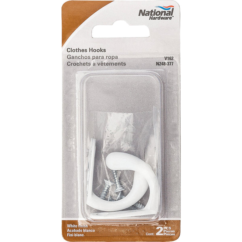 National White Single Cloth Wardrobe Hook, 2 per Card