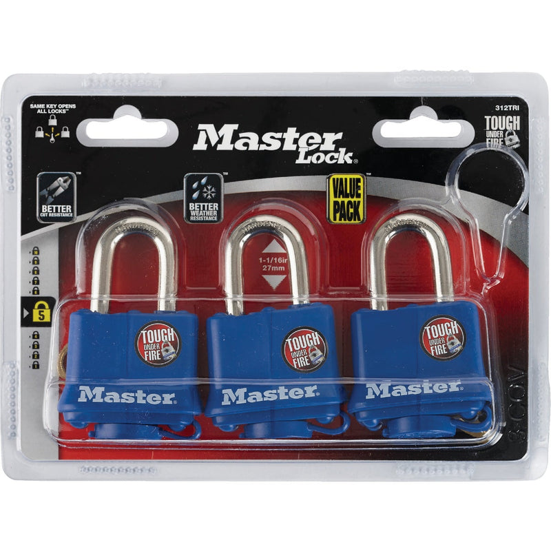 Master Lock 1-9/16 In. W. Covered Laminated Steel Pin Tumbler Padlock, Blue (3-Pack)