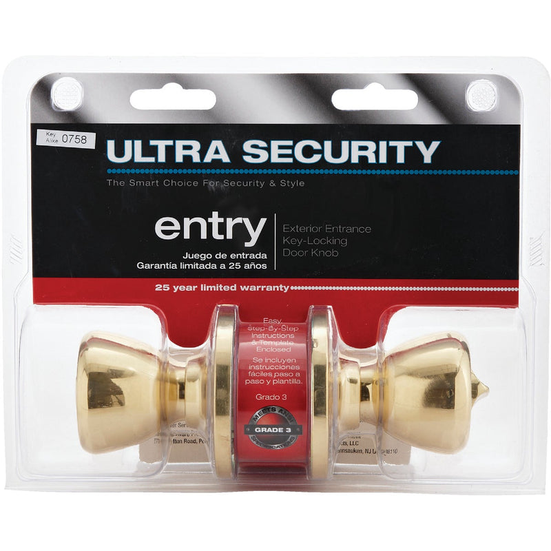 Ultra Hardware Ultra Security Series Polished Brass Entry Door Knob