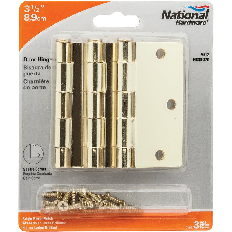 National 3-1/2 In. Square Polished Brass Door Hinge (3-Pack)