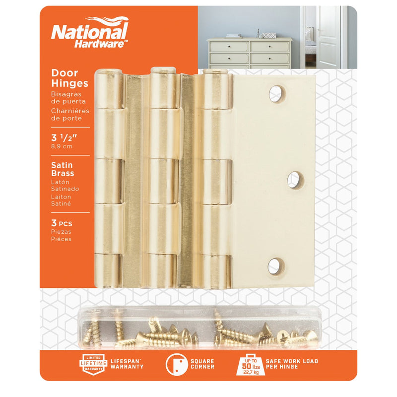 National 3-1/2 In. Square Satin Brass Door Hinge (3-Pack)