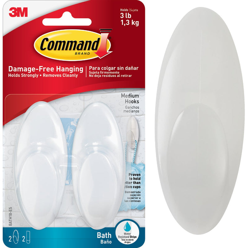 Command Medium Bath Hook, White, 2 Hooks, 2 Strips