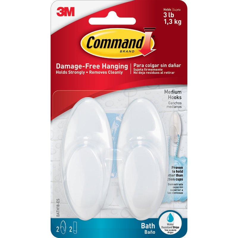 Command Medium Bath Hook, White, 2 Hooks, 2 Strips