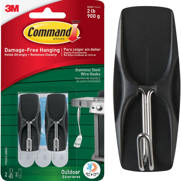 Command Outdoor Stainless Steel Wire Hooks with Foam Strips, 2 Hooks, 3 Strips