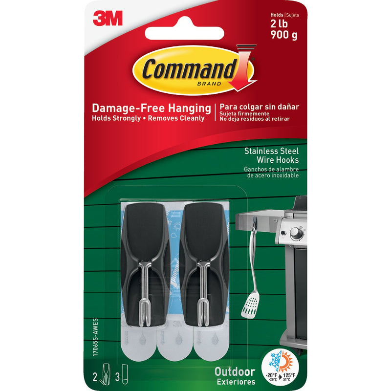 Command Outdoor Stainless Steel Wire Hooks with Foam Strips, 2 Hooks, 3 Strips