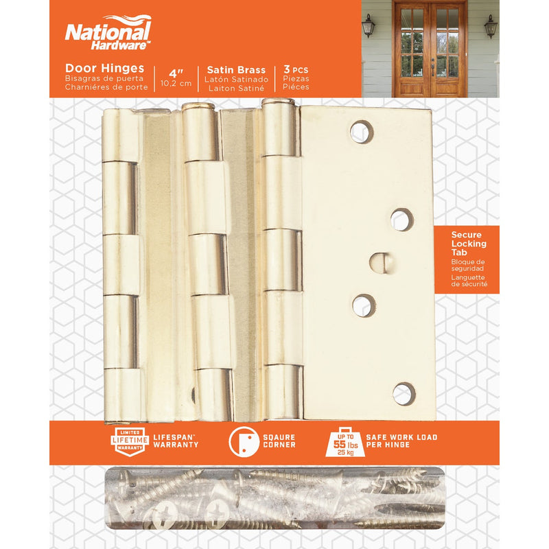 National 4 In. Satin Brass Square Door Hinge, (3-Pack)