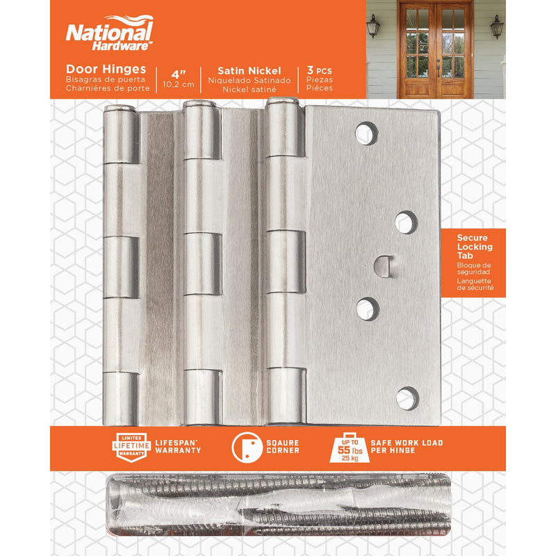 National 4 In. Satin Nickel Square Door Hinge, (3-Pack)