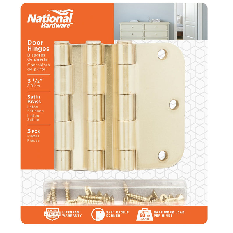 National 3-1/2 In. x 5/8 In. Radius Satin Brass Door Hinge (3-Pack)