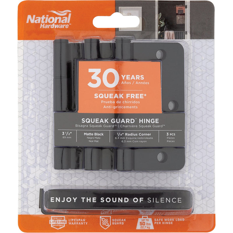 National Hardware Squeak Guard 3-1/2 In. Matte Black Hinge with 1/4 In. Radius (3-Count)