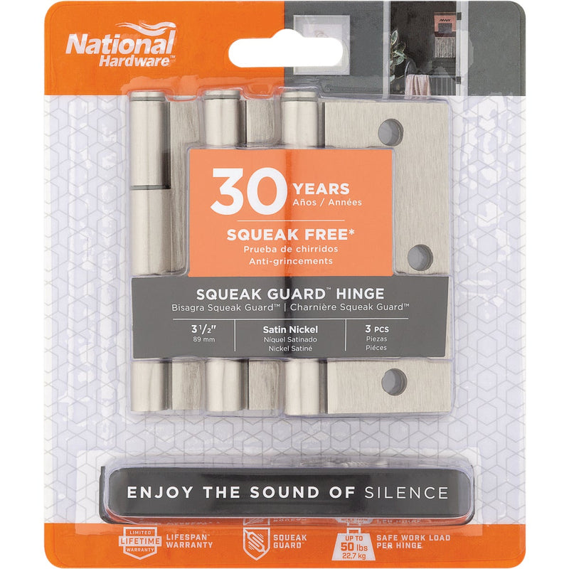 National Hardware Squeak Guard 3-1/2 In. Satin Nickel Hinge with Square Corner (3-Count)