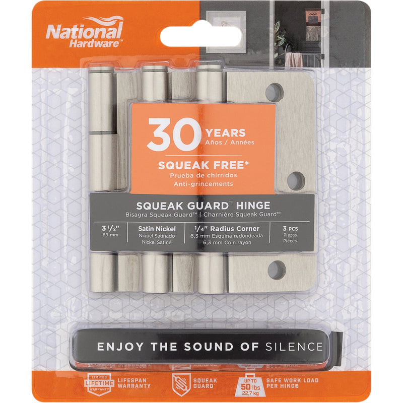 National Hardware Squeak Guard 3-1/2 In. Satin Nickel Hinge with 1/4 In. Radius (3-Count)