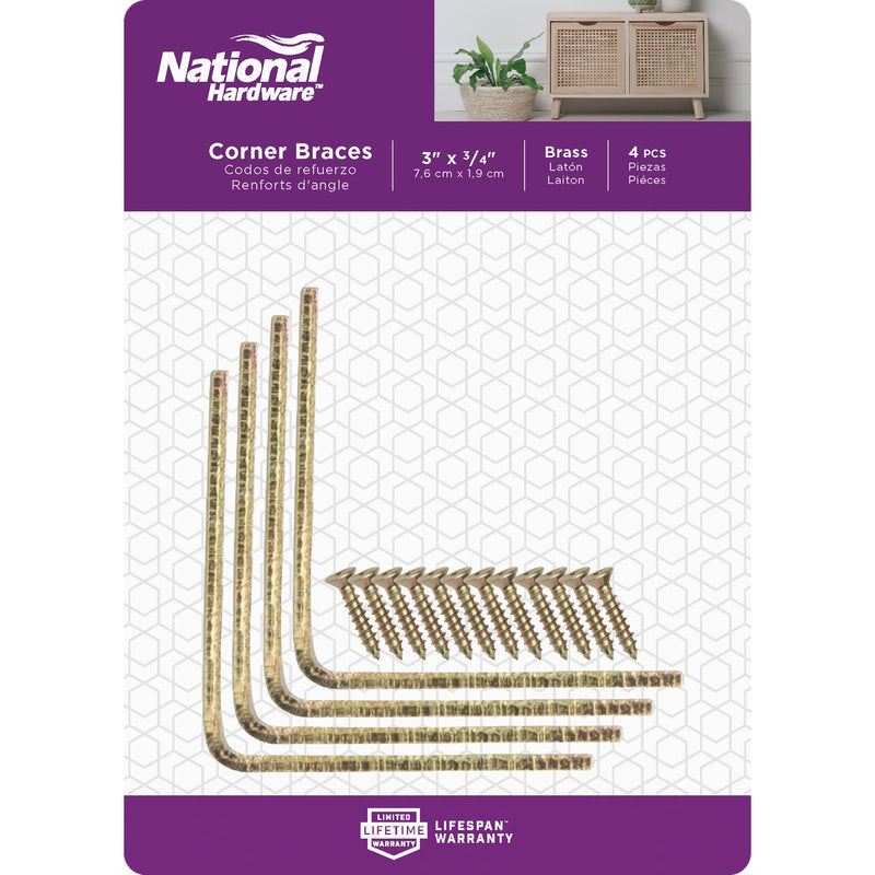 National Catalog V115 3 In. x 3/4 In. Brass Steel Corner Brace (4-Count)