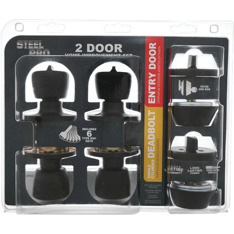 Steel Pro Matte Black Tulip Deadbolt & Door Knob Entry Combo (2-Pack)