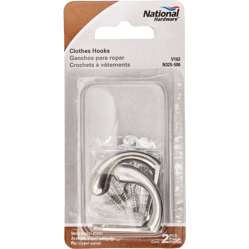National Satin Nickel Single Clothes Wardrobe Hook, 2 per Card