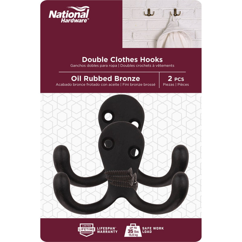 National Oil Rub Bronze Double Cloth Wardrobe Hook, 2 per Card