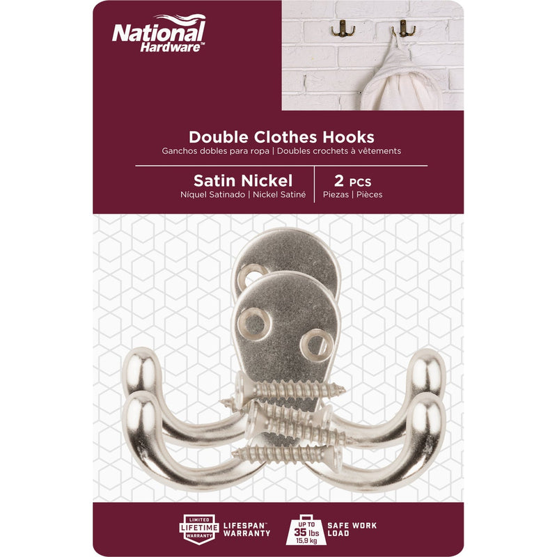 National Satin Nickel Double Cloth Wardrobe Hook, 2 per Card