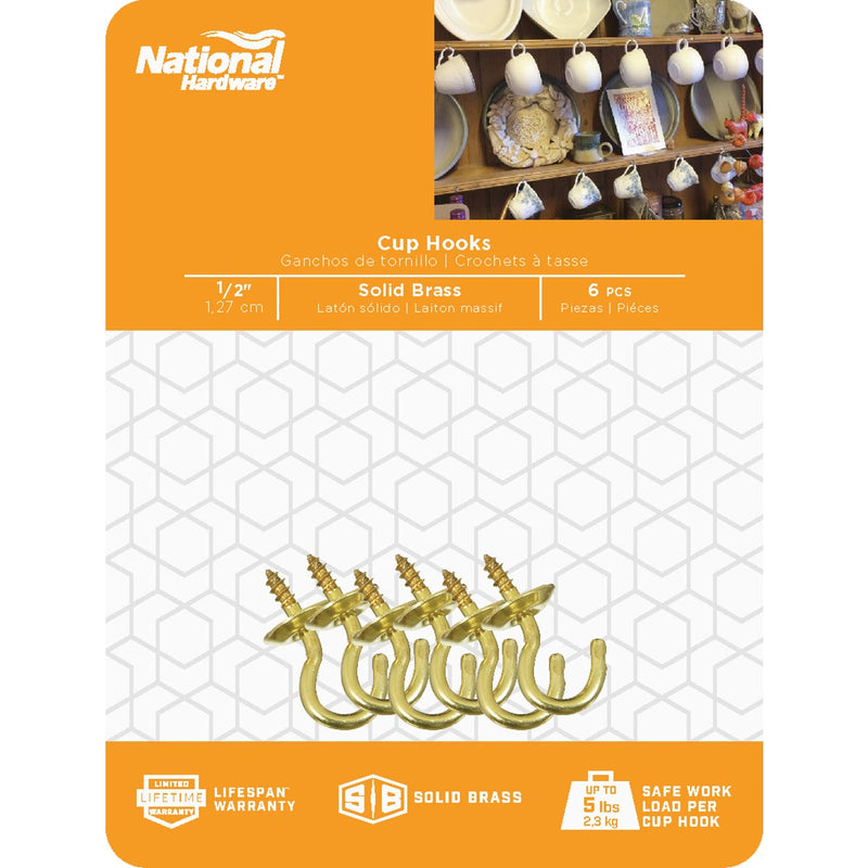 National V2021 1/2 In. Solid Brass Series Cup Hook (6 Count)