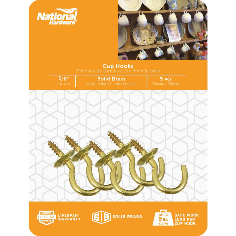 National V2021 5/8 In. Solid Brass Series Cup Hook (5 Count)