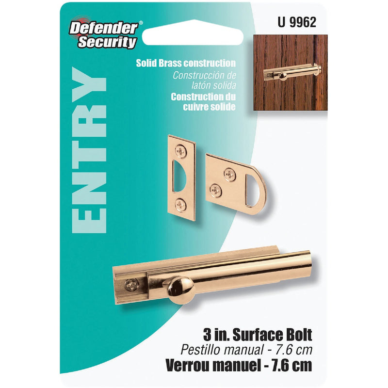 Defender Security 3 In. Polished Brass Door Surface Bolt