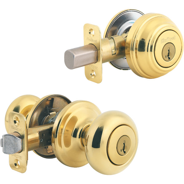 Kwikset Signature Series Juno Polished Brass Deadbolt and Door Knob Combo