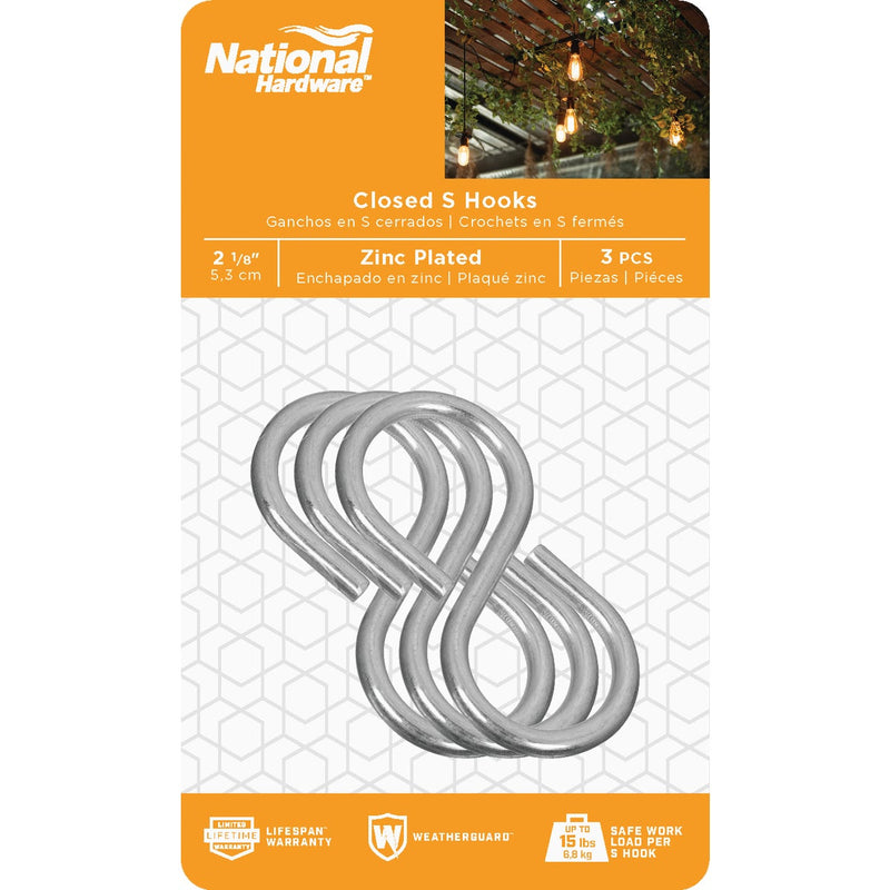 National 2-1/8 In. Zinc Light Closed S Hook (3 Ct.)