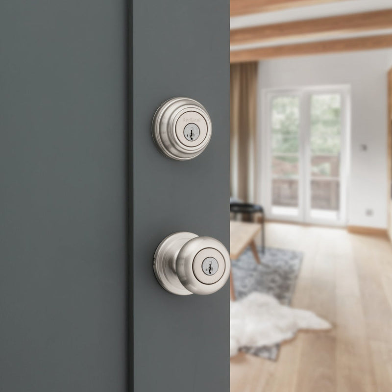 Kwikset Signature Series Juno Satin Nickel Deadbolt and Door Knob Combo