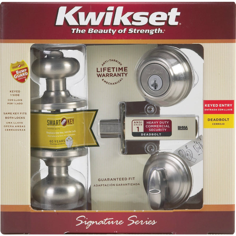 Kwikset Signature Series Juno Satin Nickel Deadbolt and Door Knob Combo