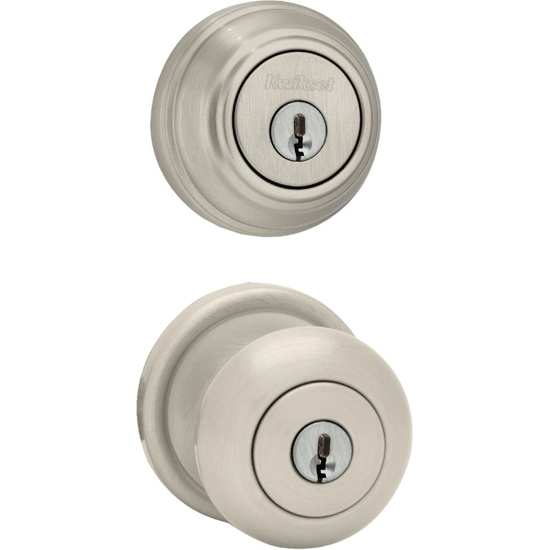 Kwikset Signature Series Juno Satin Nickel Deadbolt and Door Knob Combo