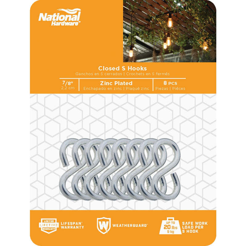 National 7/8 In. Zinc Light Closed S Hook (8 Ct.)