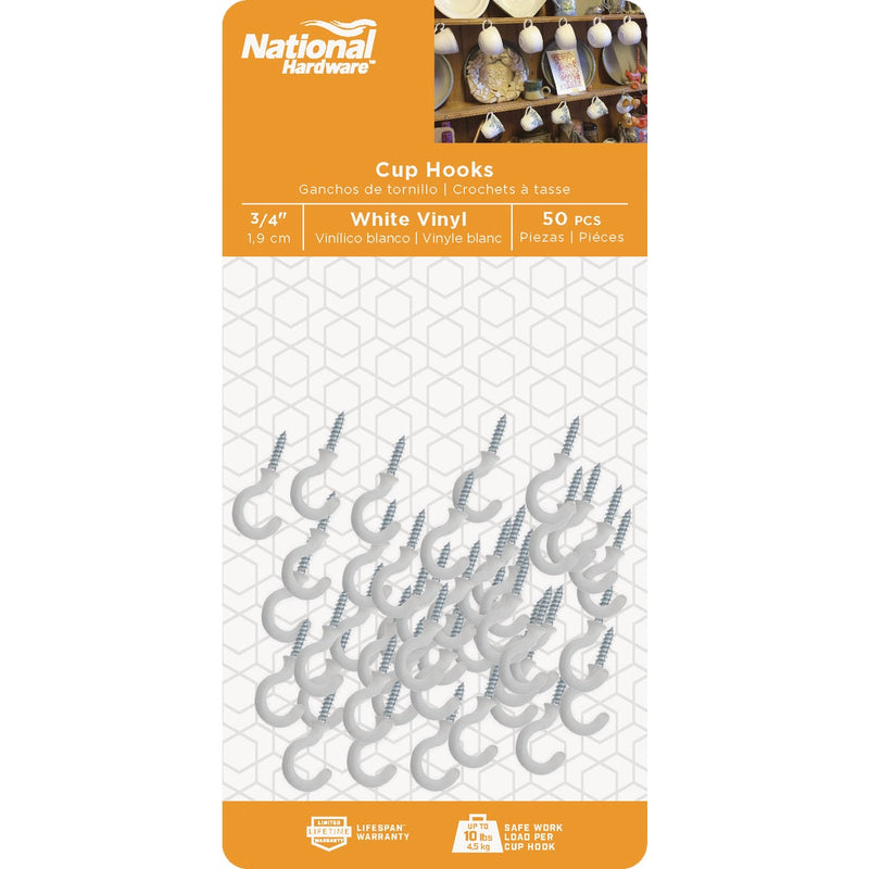 National 3/4 In. White Vinyl Cup Hook (50 Count)