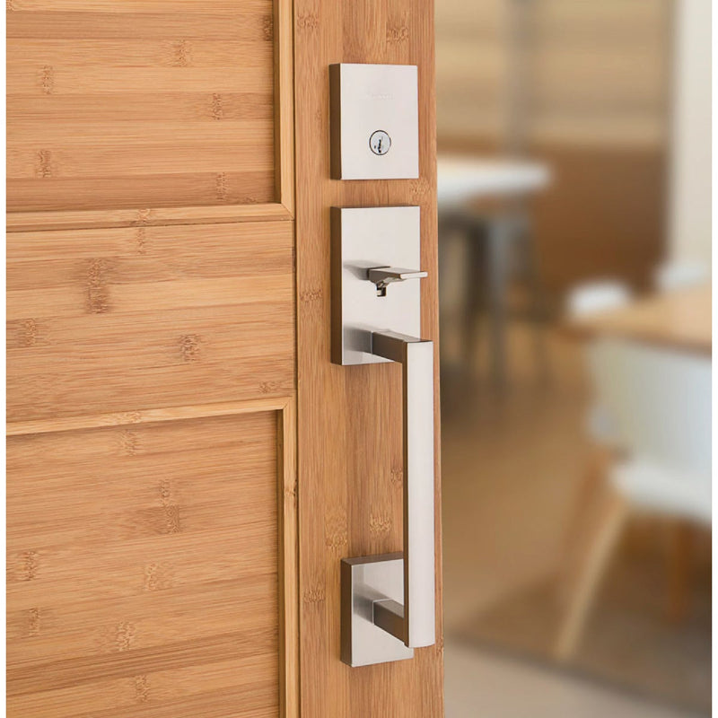 Kwikset Signature Series San Clemente Satin Nickel Entry Door Handleset with Smartkey & Halifax Lever