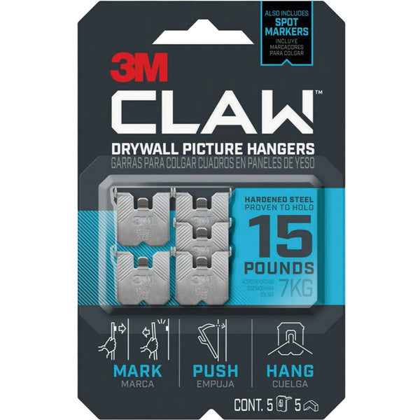 3M Claw Drywall Picture Hanger with Temporary Spot Marker, Holds 15 Lb., 5 Hangers, 5 Markers
