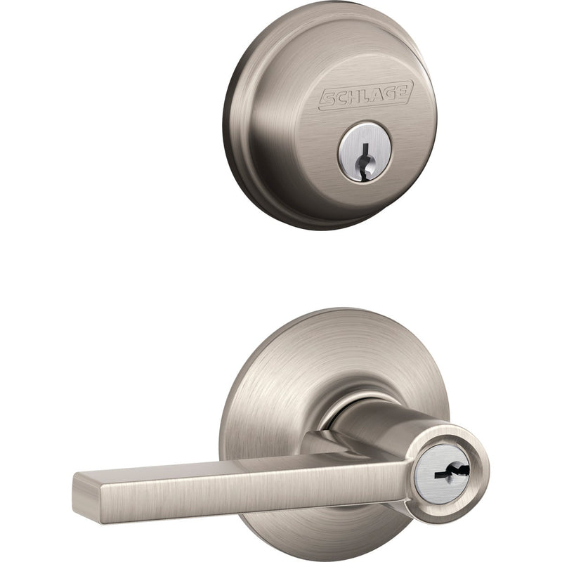 Schlage Satin Nickel Single Cylinder Deadbolt and Keyed Entry Latitude Lever Combination Pack