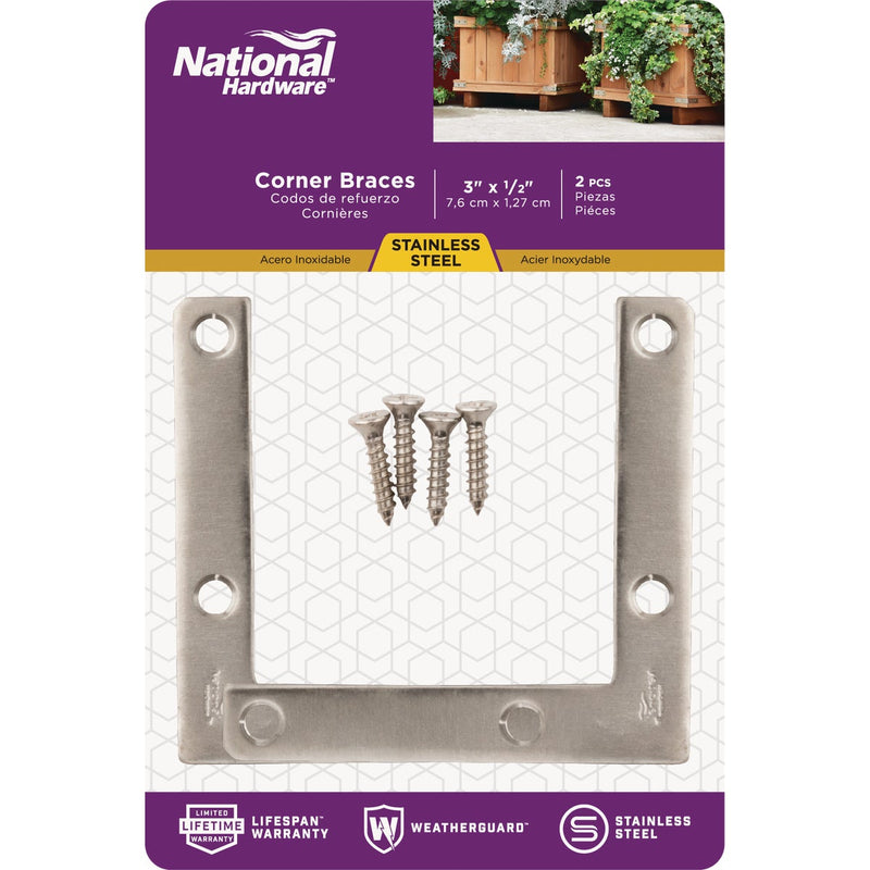 National Catalog V417 3 In. x 1/2 In. Stainless Steel Flat Corner Brace (2-Count)