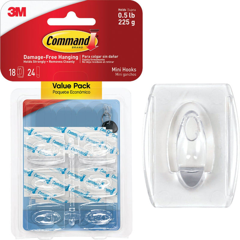 Command Clear Mini Hooks, Clear, 18 Hooks, 24 Strips