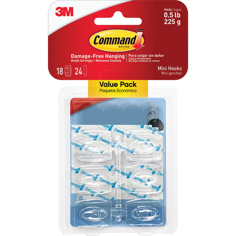 Command Clear Mini Hooks, Clear, 18 Hooks, 24 Strips