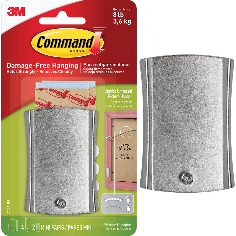 Command Sticky Nail Wire-Backed Hanger, Silver, 1 Hanger, 4 Large Strips, 2 Pairs of Mini Strips