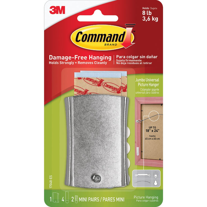 Command Sticky Nail Wire-Backed Hanger, Silver, 1 Hanger, 4 Large Strips, 2 Pairs of Mini Strips