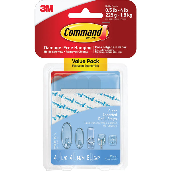 Command Clear Assorted Adhesive Strips, 8 Small, 4 Medium, 4 Large Strips