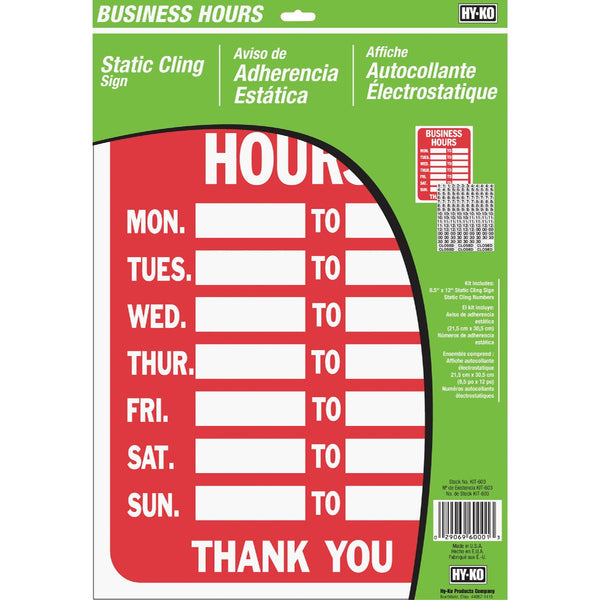 Hy-Ko Static Cling Sign, Business Hours