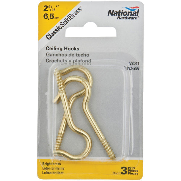 National #8 Solid Brass Ceiling Hook (3-Pack)