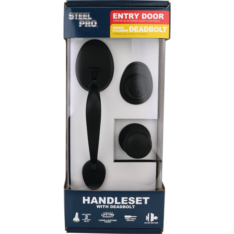 Steel Pro Matte Black Entry Door Handleset with Half Round Interior Knob