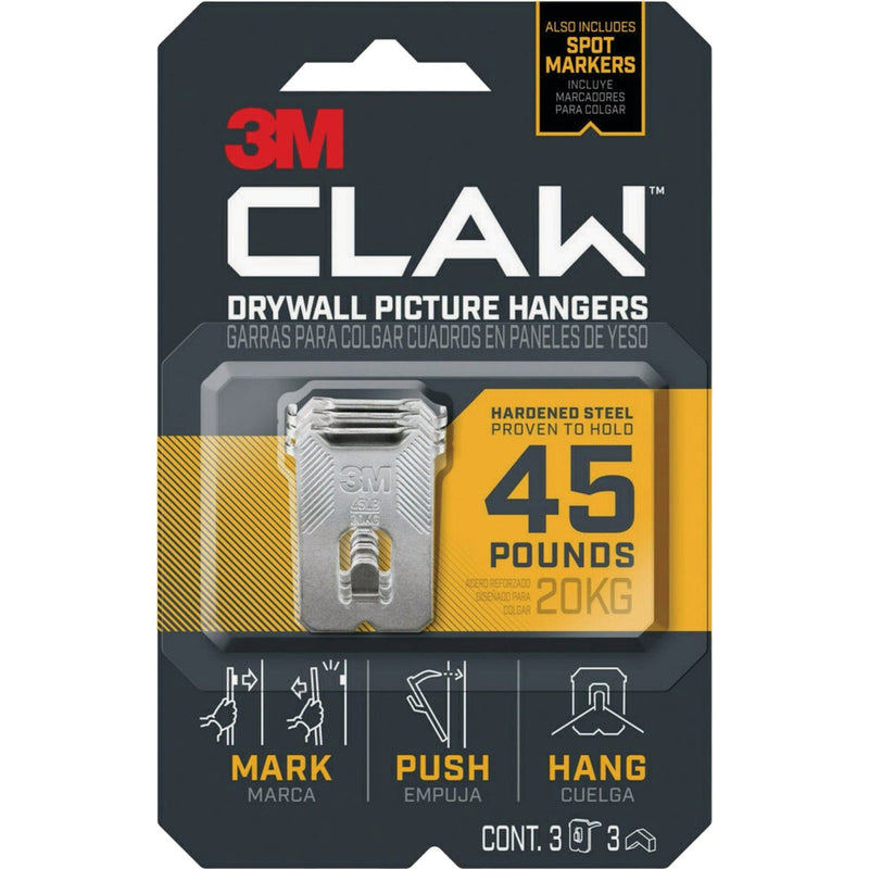 3M Claw Drywall Picture Hanger with Temporary Spot Marker, Holds 45 Lb., 3 Hangers, 3 Markers