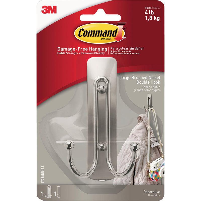 Command Large Brushed Nickel Double Hook, 1 Hook, 1 Strip