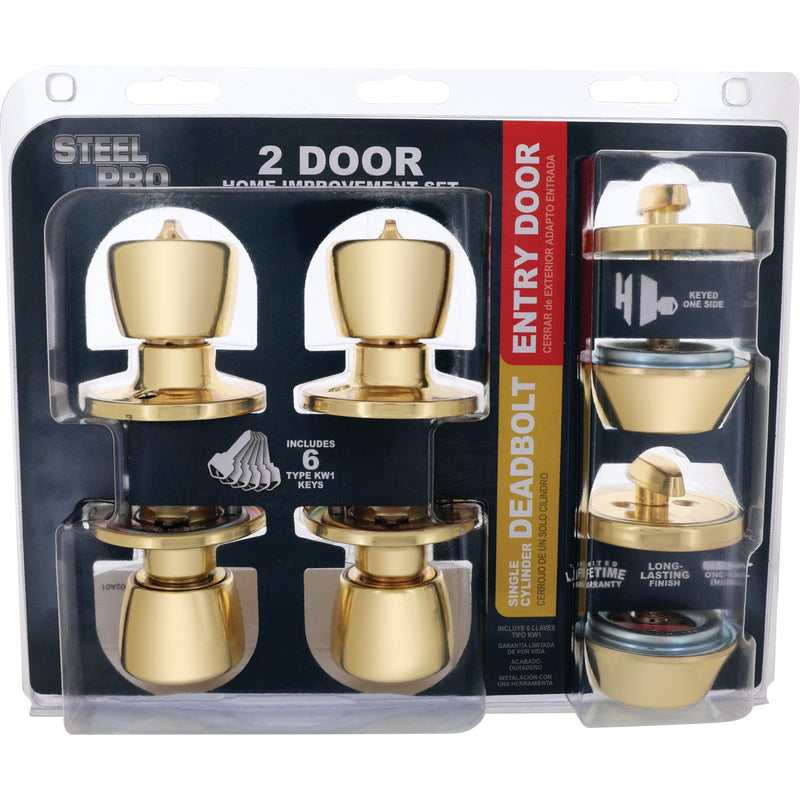 Steel Pro Polished Brass Deadbolt and Door Knob Combo